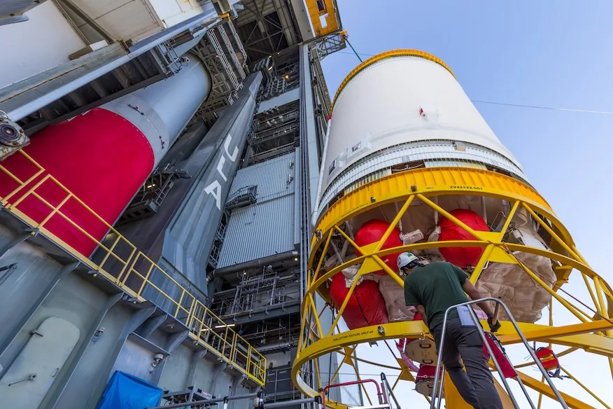 United Launch Alliance (ULA) hoists its Centaur V upper stage atop the Vulcan first stage booster into the Vertical Integration Facility-G (VIF-G) adjacent to Space Launch Complex-41 at Cape Canaveral Space Force Station, Florida on Nov. 1, 2024. Image: United Launch Alliance